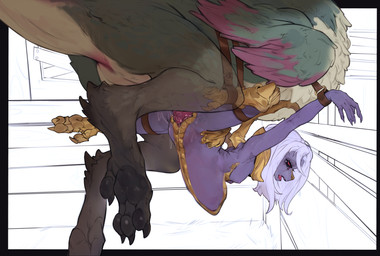 abdominal_bulge anthro anthro_on_feral arms_tied barn bdsm belly_riding bestiality bondage bound breasts claws cuff_(restraint) female feral genitals huge_penetration knot knotted_penis knotting legs_tied male male/female penetration penile penile_penetration penis red_eyes restraints ridged_knotted_penis ridged_penis small_breasts vaginal vaginal_penetration vulva anonymous_artist capcom final_fantasy final_fantasy_xiv monster_hunter mythology square_enix nael_deus_darnus bird_wyvern dragon mythological_creature mythological_scalie scalie seikret absurd_res hi_res