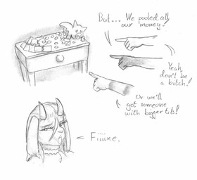 adult_on_young age_difference anthro coin female fingers fur furniture gesture group hair half-closed_eyes hand_gesture horn money narrowed_eyes open_mouth piggy_bank pointing profanity prostitution simple_background text young meowmere bovid caprine goat mammal english_text hi_res monochrome