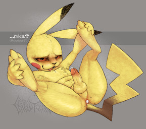 after_sex anthro anus armpit_hair balls belly bodily_fluids body_hair chest_tuft cum cum_in_ass cum_inside dark_sclera dialogue digitigrade erection genital_fluids genitals humanoid_genitalia humanoid_penis logo looking_at_viewer lying male on_back open_mouth paws penis pokemon_speak precum presenting presenting_anus presenting_penis simple_background solo spread_legs spreading tail tuft cryptidfelinoid nintendo pokemon generation_1_pokemon pikachu pokemon_(species)