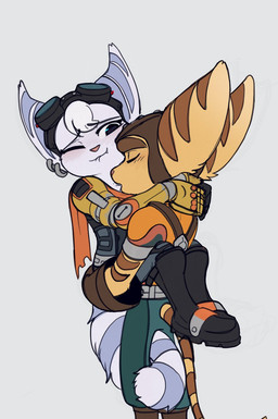 anthro bite biting_lip biting_own_lip boots clothed clothed_female clothed_male clothing cybernetic_arm cybernetic_limb duo ear_piercing ear_ring eyes_closed eyewear eyewear_on_head female fluffy fluffy_tail footwear fur gloves goggles goggles_on_head grey_background hair handwear holding_partner male male/female markings neck_bite one_eye_closed piercing ring_(marking) ring_piercing ringed_tail self_bite shoes simple_background striped_markings striped_tail stripes tail tail_markings thin_tail white_body white_fur white_hair yellow_body yellow_fur time_fluffy500 ratchet_and_clank sony_corporation sony_interactive_entertainment ratchet_(ratchet_and_clank) rivet_(ratchet_and_clank) lombax mammal hi_res