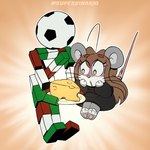 anthro ball cheese clothing dairy_products duo eyewear female food fur glasses grey_body hair male open_mouth simple_background soccer_ball topwear youtuber superbinario fifa fifa_soccer ciao cukizilla humanoid mammal murid murine rat rodent 1:1 hi_res