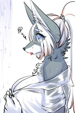 anthro big_breasts breasts clothed clothing eyelashes female female_anthro fur grey_body grey_fur hair kemono open_mouth ponytail purple_eyes raining shirt side_view simple_background solo tongue tongue_out topwear translucent translucent_clothing wet wet_clothing wet_shirt wet_topwear white_body white_fur ookamiwaho okami_bark canid canine canis mammal wolf 2:3 digital_media_(artwork) hi_res