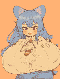 big_breasts blue_hair blush breasts clothing fangs female hair huge_breasts hyper hyper_breasts open_mouth purple_eyes simple_background smile solo standing tail teeth pincerpencil animal_humanoid humanoid character_request