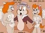 accessory anthro black_nose bodily_fluids bottomless breasts brown_body brown_fur clitoral_hood clitoris clothed clothing dialogue female fluffy fluffy_tail flying_sweatdrops fur genitals group hair hair_accessory hairband male nipples nude nude_anthro nude_female open_clothing open_mouth open_shirt open_topwear orange_hair pink_nose pregnant pregnant_female pussy shirt sweat sweatdrop tail text toony topwear trio kthanid_(artist) chip_'n_dale_rescue_rangers disney chip_(disney) mrs._squirrel tammy_squirrel chipmunk ground_squirrel mammal rodent sciurid tree_squirrel 1999 english_text daughter_(lore) mother_(lore) mother_and_child_(lore) mother_and_daughter_(lore) parent_(lore) parent_and_child_(lore) parent_and_daughter_(lore)