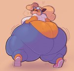 anthro big_butt butt butt_cleavage clothing clothing_pull dressing exclamation_point female frustrated frustration_cloud huge_butt hyper hyper_butt overweight overweight_anthro overweight_female pear-shaped_figure pulling_pants_up solo struggling thick_thighs wide_hips iaredumbo activision crash_bandicoot_(series) coco_bandicoot bandicoot mammal marsupial hi_res