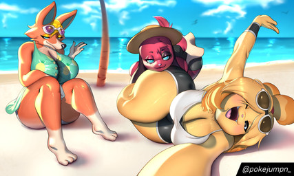 anthro beach biped blonde_hair bottomwear breasts clothed clothing female glistening glistening_body group hair looking_at_viewer lying multicolored_body on_side orange_body pupils red_body sitting smile thick_thighs topwear trio wide_hips yellow_body pokejumpn animal_crossing nintendo audie_(animal_crossing) cherry_(animal_crossing) isabelle_(animal_crossing) canid canine canis domestic_dog mammal shih_tzu toy_dog absurd_res hi_res