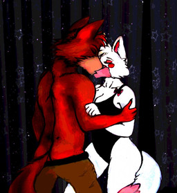 anthro anthrofied black_nose bottomwear breasts butt clothing duo eyes_closed female fur inside intraspecies kissing male male/female multicolored_body multicolored_fur pants pink_body pink_fur red_body red_cheeks red_fur two_tone_body two_tone_fur white_body white_fur the_wonderbolts_(artist) five_nights_at_freddy's five_nights_at_freddy's_2 scottgames foxy_(fnaf) mangle_(fnaf) arctic_fox canid canine fox mammal red_fox true_fox 2015 hi_res