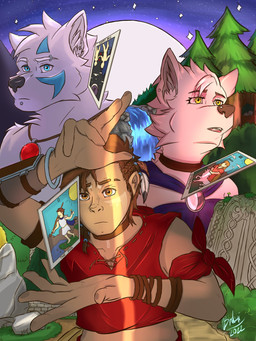 anthro bracelet card female fur group jewelry major_arcana male moon necklace night outside plant strength_(tarot) tarot tarot_card the_fool_(tarot) the_lovers_(tarot) tree trio white_body white_fur rezzart far_beyond_the_world_(series) caelan_(far_beyond_the_world) tano_(far_beyond_the_world) verissa_(far_beyond_the_world) canid canine canis human mammal wolf 2022 3:4 dated hi_res