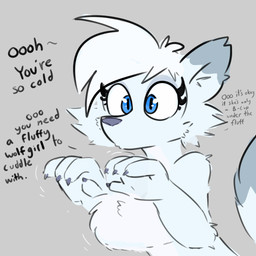 4_fingers anthro blue_eyes cheek_tuft dialogue facial_tuft female fingers fluffy fluffy_chest fur grey_background grey_body grey_fur humor motion_lines nude simple_background solo text tuft tjpones canid canine canis mammal wolf bust_portrait english_text hi_res portrait