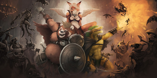 anthro armor axe battle battle_axe belly black_clothing black_robe bone bone_mask breasts brown_body brown_fur brown_nipples chandelier clothed clothing detailed_background feathered_wings feathers female fur green_eyes green_hair group hair hammer leather leather_armor male mask melee_weapon nipples overweight overweight_anthro overweight_male robe scales shield skeleton skimpy skull skull_mask sword tools trio_focus weapon wings yellow_body yellow_scales izrez european_mythology mythology bear canid canine dragon fox giant_panda mammal mythological_creature mythological_scalie scalie western_dragon 2020 digital_media_(artwork) hi_res