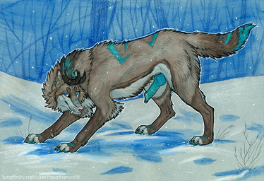 animal_genitalia animal_penis black_horn blue_eyes blue_markings blue_penis blue_tail brown_body brown_fur brown_tail canine_genitalia canine_penis cheek_tuft ear_piercing erection facial_tuft fangs feral fur gauged_ear genital_piercing genitals horn knot knotted_penis male male_feral markings mouth_closed multiple_piercings neck_tuft outside penis penis_piercing piercing pink_nose plant prince_albert_piercing side_view snow snowing solo tail teeth tree tuft whiskers white_body white_fur heatherwolf canid canine mammal