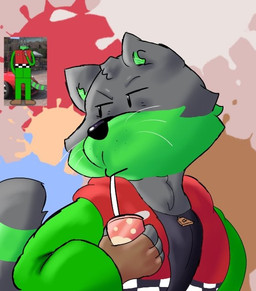 anthro beverage biped clothed clothing countershading drinking drinking_straw_in_mouth fully_clothed green_body green_countershading holding_beverage holding_object jacket male paint_splatter solo tail topwear whiskers zipper_pull_tab ugly-rat15508 mammal procyonid raccoon digital_media_(artwork) half-length_portrait portrait reference_image