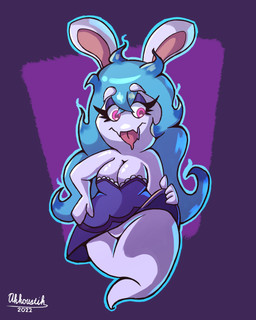 4_fingers anthro bent_arm big_breasts blue_clothing blue_dress blue_eyelids blue_hair blue_outline breasts cleavage closed_smile clothed clothed_anthro clothed_female clothing clothing_lift curvy_figure dress dress_lift eyebrow_through_hair eyebrows eyelashes fangs featureless_crotch female female_anthro fingers fur hair hand_on_hip hand_on_own_hip legless lidded_eyes light long_ears long_eyelashes long_hair mitten_hands mouth_closed multicolored_hair noseless outline pink_eyes pink_pupils pink_tongue pupils purple_background purple_body purple_fur simple_background smile solo tan_inner_ear teasing teeth text tongue tongue_out translucent translucent_hair two_tone_hair wavy_hair white_eyebrows wide_hipped_anthro wide_hipped_female year akkoustik mario_bros mario_plus_rabbids_sparks_of_hope nintendo raving_rabbids rayman_(series) ubisoft midnite_(mario_plus_rabbids) spark_hunter ghost hybrid lagomorph mammal rabbid spirit 2022 4:5 artist_name colored crossover dated digital_drawing_(artwork) digital_media_(artwork) english_description hi_res lighting shaded