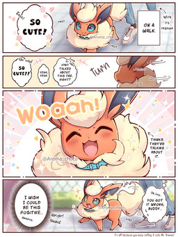 ambiguous_gender blush blush_lines collar cute_fangs dialogue duo fangs feral fur happy heart_symbol motion_lines open_mouth open_smile red_body red_ears red_fur smile solo_focus sparkles tail tail_motion tailwag tan_body tan_fur tan_tail teeth text aroma_choco third-party_edit nintendo pokemon eeveelution flareon generation_1_pokemon human mammal pokemon_(species) 2025 3:4 comic english_text hard_translated translated translation_edit