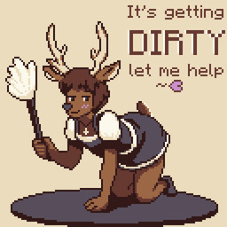 anthro antlers blush christian_cross christian_symbol cleaning_tool clothed clothing cross crossdressing crucifix feather_duster horn inviting maid_uniform male religion religious_symbol solo tail text uniform u4e christianity deer mammal 1:1 animated digital_media_(artwork) pixel_(artwork) pixel_animation