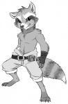 anthro barefoot belt biped clothed clothing feet looking_at_viewer male smile smirk solo standing step_pose topless naoren guardians_of_the_galaxy marvel rocket_raccoon mammal procyonid raccoon digital_media_(artwork) greyscale monochrome