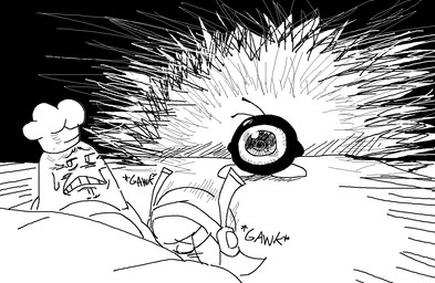 anthro apron apron_only awkward big_feet big_iris bloodshot_eyes chef_hat clothing creepy eye_contact feet fellatio female furniture group hair hat headgear headwear looking_at_another machine male male/female onomatopoeia oral penile sex sofa sound_effects stare text trio kirby_(series) nintendo susie_(kirby) humanoid robot waddle_dee sketch