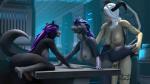 anthro bent_over_table female furniture group intersex on_table table asenak_(artist) bioware dragon_age electronic_arts canid canine canis fish humanoid mammal marine qunari shark wolf 16:9 3d_(artwork) absurd_res digital_media_(artwork) hi_res widescreen