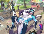 5_fingers 69_position anthro anthro_focus anthro_on_anthro anthro_penetrated anthro_penetrating anthro_penetrating_anthro athletic_wear balls barefoot beer_bottle being_watched beverage_can bisexual_pride_colors black_body black_fur blue_body blue_eyes blue_fur blue_nipples blue_penis blue_tongue blush bodily_fluids bottle bottomwear breasts casual_exposure casual_sex cigarette clothed clothing collar condom container day detailed_background drinking duo_focus ear_piercing ear_ring erection exhibitionism eyewear feet fellatio female fingers flag flag_(object) floppy_ears fluffy fluffy_tail fully_clothed fur furniture genital_fluids genitals glass_bottle glasses group gym_bottomwear gym_shorts heart_eyes heart_symbol hotpants humanoid_genitalia humanoid_penis jockstrap lgbt_pride licking looking_at_another looking_back lying male male/male male_focus male_penetrated male_penetrating male_penetrating_male midriff nipples nude on_back on_side on_table oral oral_penetration outdoor_nudity outside outside_sex park pasties penetration penile penile_penetration penis penis_in_mouth penis_lick piercing precum pride_color_flag pride_colors public public_exposure public_nudity public_sex purple_body purple_fur rectangular_glasses ring_piercing saliva saliva_on_penis sex sexual_barrier_device shorts shorts_only table tail tan_body tan_fur tongue topless topless_female trash trash_can underwear unused_condom walking white_body white_fur wrapped_condom bootywithabolt azucaster dean_(drako1997) border_collie canid canine canis collie domestic_dog fox herding_dog mammal pastoral_dog sheepdog wolf digital_media_(artwork) hi_res