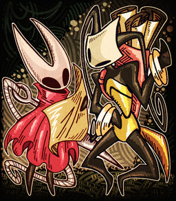 2_horns ambiguous_gender antennae_(anatomy) anthro biped black_body black_eyes cloak clothed clothing duo empty_eyes holding_map horn map red_cloak red_clothing standing yellow_clothing bridgeoffaust hollow_knight:_silksong hollow_knight_(franchise) team_cherry hornet_(hollow_knight) shakra_(hollow_knight:_silksong) arthropod 2025 hi_res female_(lore)