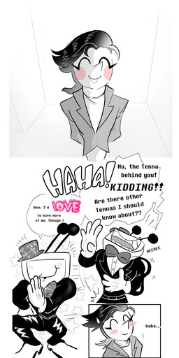 clothing dialogue duo electronics for_a_head hair male not_furry open_mouth screen screen_face speech_bubble teeth television text spmtnlove deltarune undertale_(series) spamton_g._spamton tenna_(deltarune) addison_(deltarune) darkner object_head screen_head tv_head comic digital_media_(artwork) english_text hi_res