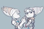 anthro bandage blood blush bodily_fluids clothed clothing duo ear_piercing ear_ring eyewear eyewear_on_head female goggles goggles_on_head male piercing ring_piercing scarf time_fluffy500 ratchet_and_clank sony_corporation sony_interactive_entertainment ratchet_(ratchet_and_clank) rivet_(ratchet_and_clank) lombax mammal
