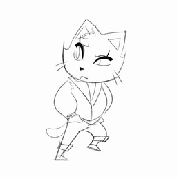 anthro biped bottomwear brown_body brown_fur clothing eyelashes eyeliner female footwear fur hair jacket makeup pants shoes short_hair solo tail topwear whiskers itsdanfango jalei_(itsdanfango) domestic_cat felid feline felis mammal 1:1 2020 animated black_and_white monochrome short_playtime sketch