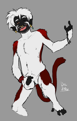 anthro balls biped devil_horns_(gesture) ear_piercing feet flaccid genitals gesture hand_gesture holding_penis male navel nipples nude one_eye_closed open_mouth penis piercing prehensile_feet simple_background smile solo standing step_pose toes wink wristband delicatessen haplorhine mammal monkey primate 2016 signature