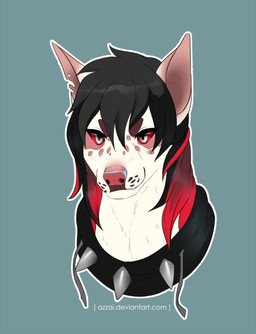 bangs black_hair brown_eyebrows cute_fangs eyebrows eyelashes fangs female feral feral_with_hair freckled_face freckles fur hair long_hair markings multicolored_hair pink_markings red_hair red_nose red_sclera simple_background smile solo tan_body tan_fur teeth text two_tone_hair whisker_spots white_eyes azzai canid canine canis domestic_dog mammal 2016 colored digital_drawing_(artwork) digital_media_(artwork) url