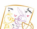 animatronic avian bird bonnie_(fnaf) character_name chica_(fnaf) chicken directional_arrow drawing duo female five_nights_at_freddy's galliform gallus_(genus) heart_symbol holding_art holding_object kissing lagomorph leporid machine male male/female mammal phasianid rabbit red_heart robot scottgames shared_heart text toy-bonnie