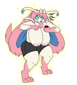 after_expansion after_growth after_transformation angry anthro big_breasts big_ears bottomwear breasts bulge clothed clothing electronics fur gynomorph hair holding_object holding_phone huge_breasts implied_transformation intersex nipples phone pink_body pink_fur pink_hair shorts solo standing topless white_body white_fur robertge nintendo pokemon eeveelution generation_6_pokemon pokemon_(species) sylveon 2015 digital_media_(artwork) hi_res