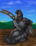 5_fingers anthro bedroom_eyes black_hair breasts bridle female fingers fur grey_body grey_fur hair harness harness_only hooves looking_at_viewer mostly_nude muscular muscular_female narrowed_eyes outside plow plow_yoke pose seductive smile solo sudonym draft_horse equid equine horse mammal