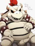 anthro blush bone hair horn male overweight overweight_anthro overweight_male red_eyes red_hair skeleton slightly_chubby solo spikes text waniharu mario_bros nintendo dry_bowser animated_skeleton koopa scalie undead japanese_text