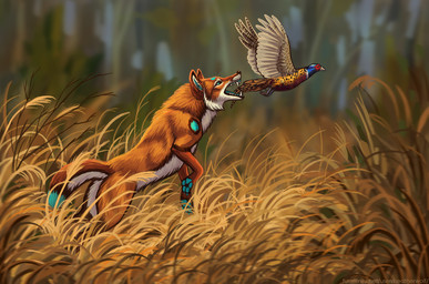 ambiguous_feral ambiguous_gender blue_eyes blue_markings blue_pawpads blurred_background brown_markings brown_nose chasing cheek_tuft duo facial_tuft fangs feathered_wings feathers feral fur markings open_mouth orange_body orange_fur outside pawpads side_view teeth text tuft white_body white_fur wings heatherwolf avian canid canine mammal url