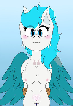 anthro arms_tied blue_body blue_eyes blue_fur blush blush_lines bound breasts female fluffy fur genitals nipples scar smile smiling_at_viewer smirk smirking_at_viewer solo spread_wings vaginal vulva white_body white_fur wings galaxystardubs hasbro my_little_pony mythology fan_character equid equine horse mammal mythological_creature mythological_equine pegasus pony hi_res