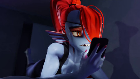 anthro blue_body cellphone electronics female hair happy lying on_front phone red_hair shadow sharp_teeth solo teeth yellow_eyes sanomaly wo262_(modeler) undertale undertale_(series) undyne animal_humanoid aquatic aquatic_humanoid fish fish_humanoid humanoid 16:9 3d_(artwork) 3d_animation animated digital_media_(artwork) no_sound short_playtime video widescreen