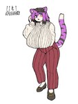 anthro arm_under_breasts big_breasts black_hair blush bottomwear breasts clothed_female clothing female footwear fur hair huge_breasts looking_at_viewer multicolored_hair open_mouth pants purple_body purple_fur purple_hair shoes simple_background solo standing two_tone_hair white_background komenuka_inaho zeno_(komenuka_inaho) felid mammal pantherine tiger 3:4 full-length_portrait hi_res portrait