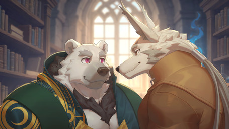 anthro anthro_on_anthro barazoku biped black_body black_fur book bookshelf brown_clothing brown_coat brown_topwear chest_tuft clothed clothed_anthro clothed_male clothing coat day detailed_background duo fur furniture green_clothing green_coat green_topwear grey_body grey_fur inside interspecies library looking_at_another male male/male muscular muscular_anthro muscular_male neck_tuft purple_eyes smile topwear tuft white_body white_fur window ronci arcane_shop bato_(arcane_shop) resque_(arcane_shop) bear canid canine fox mammal polar_bear ursine 16:9 colored hi_res shaded widescreen