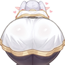 bent_over big_butt biped black_body butt clothing female hair heart_symbol humanoid_pointy_ears looking_away not_furry pigtails pointy_ears rear_view simple_background solo thick_thighs white_clothing white_hair wide_hips merrytail frieren_beyond_journey's_end frieren elf humanoid absurd_res hi_res