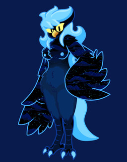 anthro beak big_wings blue_body blue_feathers blue_hair breasts chest_tuft claws cosmic_wings crotch_tuft curvy_figure feathers feet female fluffy genitals hair hand_on_hip hip_tuft long_hair looking_at_viewer navel neck_tuft nipples non-mammal_breasts non-mammal_nipples nude simple_background small_waist smug smug_face solo standing star talons thick_thighs toe_claws toes tuft vulva wings yellow_beak yellow_sclera caustic_bubonic undertale_(series) undertale_yellow martlet_(undertale_yellow) martlet_(zenith_form) avian bird absurd_res full-length_portrait hi_res portrait
