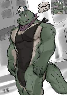 abs anthro apron apron_only baseball_cap biceps black_apron black_clothing blush clothing dialogue green_body green_scales green_skin hat headgear headwear humanoid_hands kerchief looking_at_viewer male muscular muscular_anthro muscular_male neckerchief neckwear nipples non-mammal_nipples pecs scales solo speech_bubble tail teeth text tansuooooo later_alligator pillowfight smallbu pat_(later_alligator) alligator alligatorid crocodilian reptile scalie 2026 digital_media_(artwork) english_text hi_res reference_image sketch