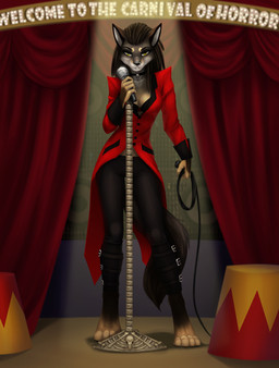 anthro biped clothed clothing collar dreadlocks electronics female looking_at_viewer microphone solo standing whip elvofirida canid canine mammal