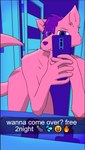 anthro blue_background blue_eyes camera_view cellphone electronics fur hair holding_object male nude phone photo pink_body pink_fur purple_hair simple_background simple_coloring smartphone smile solo suggestive suggestive_pose tail text text_box gpiro snapchat canid mammal hi_res shaded simple_shading