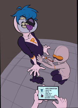 anthro beak blue_body blue_hair bulge chastity_cage chastity_device clothing crouching curling_toes duo feet genitals group hair latex latex_clothing latex_mask latex_skinsuit legwear male male/male mask penetration penis sharp_teeth simple_background skinsuit tablet tablet_computer teeth text thigh_highs tight_clothing tongue tongue_out urethral urethral_penetration visor owy avian bird owl 2025 english_text hi_res