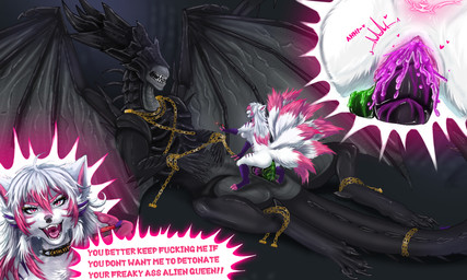 2_penises 9_tails anal anal_penetration anthro anthro_on_feral anthro_penetrated bdsm bestiality black_body black_skin bodily_fluids bondage bound chain collar colored_cum cum cum_in_ass cum_in_vagina cum_inside detailed_background dialogue digitigrade duo female female_on_feral feral feral_penetrating feral_penetrating_anthro fur genital_fluids genitals gloves_(marking) green_cum hair intimidation larger_male larger_sub leg_markings long_hair male male/female male_on_anthro markings membrane_(anatomy) membranous_wings multi_genitalia multi_penis multi_tail open_mouth penetration penis pink_body pink_eyes pink_fur profanity purple_cum restrained sex size_difference smaller_female socks_(marking) spread_legs spreading submissive tail text unusual_bodily_fluids unusual_cum unusual_genital_fluids vaginal vaginal_penetration white_body white_fur white_hair wings vulpixxeon alien_(franchise) mythology catalyst_reality_69420_(dracothegolden) dark_(xenodragon21) dark_the_xenodragon alien canid canine dragon fox hybrid mammal mythological_creature mythological_scalie scalie xenomorph 5:3 english_text hi_res