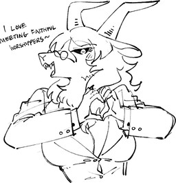 anthro big_breasts black_sclera breasts cleavage clothed clothing eyewear fangs female floppy_ears front_view gesture glasses hair heart_gesture heart_symbol horizontal_pupils horn neck_tuft pupils round_glasses simple_background snout solo suit teeth text tuft white_background kaibootsu baphomet_(deity) bovid caprine caprine_demon deity demon goat_demon mammal 2025 english_text half-length_portrait monochrome portrait sketch