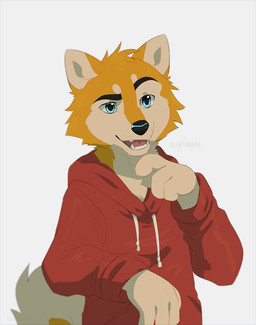 anthro black_eyebrows black_nose blue_eyes clothing eyebrows fangs fur head_tuft hood hoodie long_sleeves looking_away male open_mouth red_clothing red_hoodie red_topwear simple_background snout solo tail tan_body tan_fur teeth topwear tuft white_background yellow_body yellow_fur azzai canid canine canis domestic_dog husky mammal nordic_sled_dog spitz 2018 cel_shading colored digital_drawing_(artwork) digital_media_(artwork) shaded