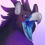 ambiguous_gender beak black_body black_fur blue_eyes blue_flesh blue_insides blue_mouth blue_tongue bodily_fluids feathers feral fur gaping_mouth gradient_background mouth_shot open_beak open_mouth purple_body purple_fur saliva saliva_on_tongue saliva_string simple_background solo tongue qwertydragon mythology rein_(amaterasu1) avian gryphon mythological_avian mythological_creature hi_res signature