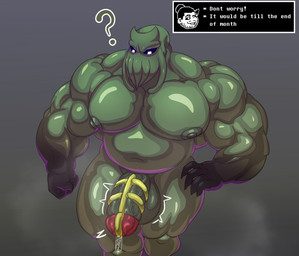 balls bodily_fluids chastity_device dialogue dialogue_box face_tentacles genital_fluids genitals glowing glowing_eyes green_body hand_on_hip male musclegut muscular nipples penis precum question_mark solo standing tentacles text weonraro123 no_nut_november eldritch_being humanoid absurd_res english_text hi_res meme