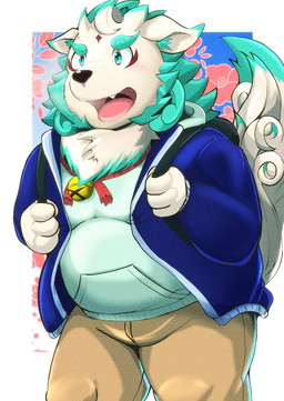 anthro backpack belly blue_body blue_fur bottomwear clothing fur kemono male overweight overweight_male pants solo sweater topwear white_body white_fur young nazebesu_hobby asian_mythology east_asian_mythology japanese_mythology lifewonders mythology tokyo_afterschool_summoners agyo_(tas) foo_dog komainu mammal yokai 2021 hi_res